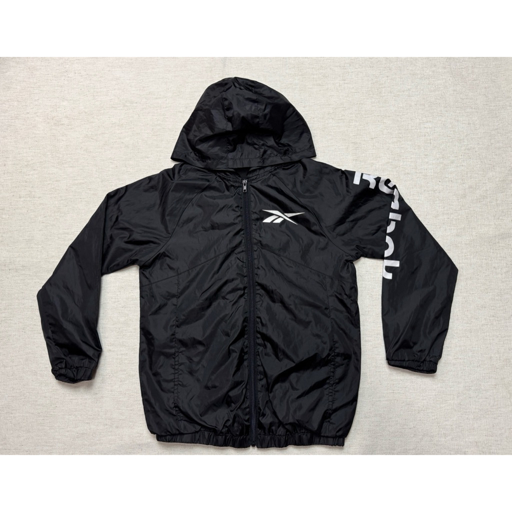 Reebok Youth Black Windbreaker Large 14-16 Full Zip Sporty Athleisure Outerwear